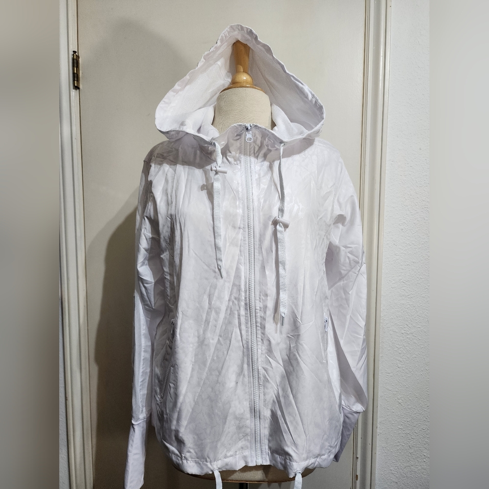 Zyia Active White Hooded Bomber Jacket Thumb Holes Size L NWT